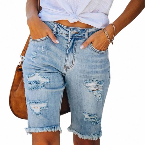 Plus Size Pantaloncini di jeans estivi Donna Rhineste Vita media Strappato Orlo sfilacciato Tles Pantaloncini elasticizzati Jean Pantaloncini estivi da donna e7lQ #