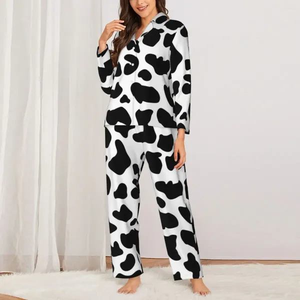 Casa roupas vaca impressão pijama conjunto outono fazenda animal bonito sleepwear feminino 2 peças retro oversized padrão nightwear presente de aniversário