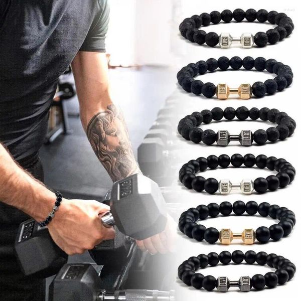 Link pulseiras 19mm natural preto lava vulcânica pedra haltere pulseira contas foscas para mulheres homens fitness barbell jóias