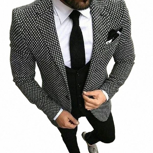 Schwarz Weiß Muster Tweed Männer Anzug Slim Fit Floral Hochzeitsanzüge für Männer Bräutigam Smoking 3 Stücke Benutzerdefinierte Prom Blazer Terno W8ip #