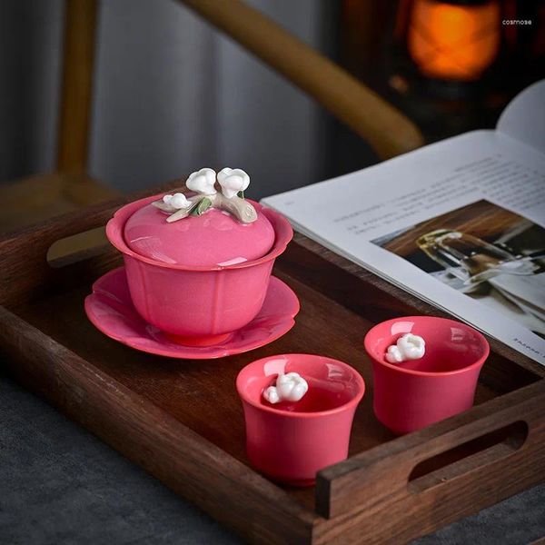 Set da tè Pizzico Fiori Gaiwan Tazza da tè Set da tè Teiera in ceramica per la casa Tazza Retro Rose Red Pot e