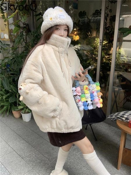 Jaquetas femininas Gkyocq inverno coreano moda mulheres casaco de pele macia lapela colarinho solto manga longa bonito urso design zíper casacos femininos