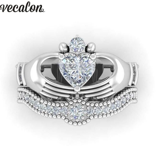 Обручальные кольца Vecalon Luxury Lovers Claddagh Ring 1ct 5A Циркон Cz Белое золото Заполненные обручальные кольца Набор для женщин и мужчин282c