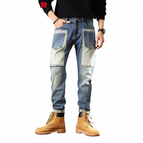 Jeans strappati da uomo slim pantaloni di jeans dritti giovane maschio skinny piedi legati jeans larghi abbigliamento uomo pantaloni streetwear y2k k6Rh #