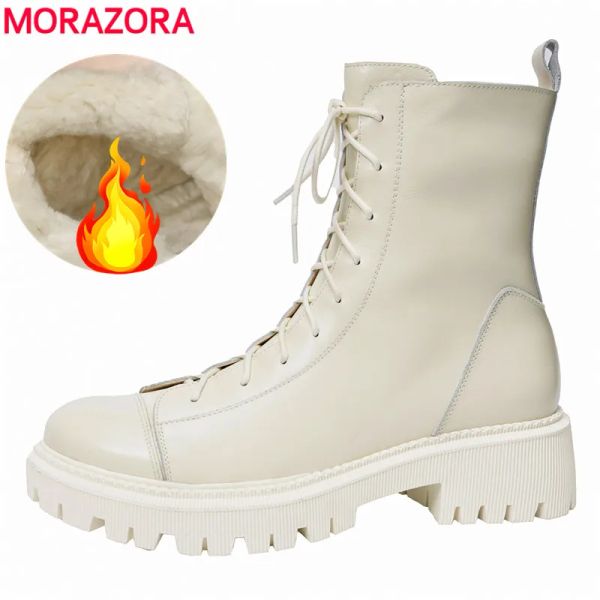 Stiefel Morazora 100% Naturwolle Schneestiefel Winter echte Lederstiefel Schnürung warme Mode bequeme Damen Knöchelstiefel für Frauen