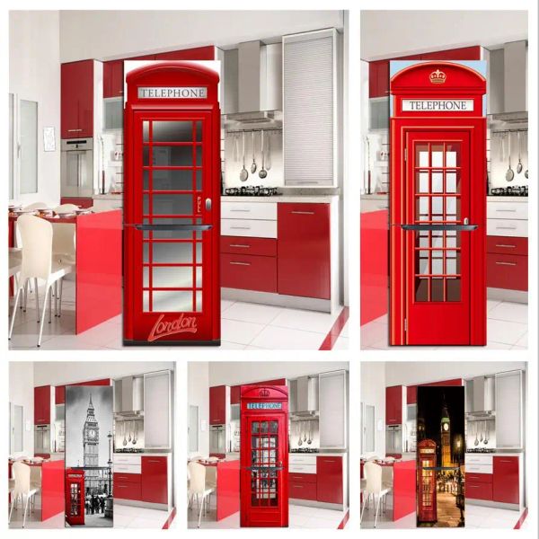 Наклейки красная телефонная будка 3D обои для холодильника клейкая водонепроницаемая наклейка на стену кухня холодильник наклейка на дверь плакат на заказ фреска