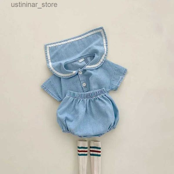 T-shirt 2023 Estate New Baby Colletto blu scuro Set di vestiti per bambini Ragazze Manica corta in denim Top + Pantaloncini 2 pezzi Vestito Cute Baby Boy Denim Outfits24328