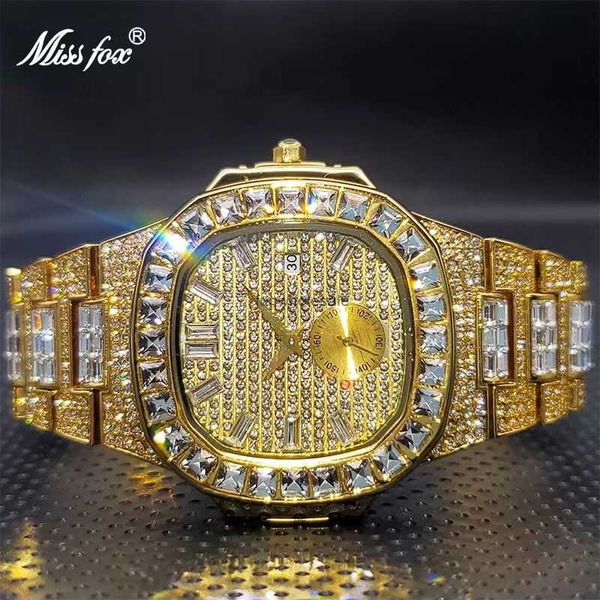 Relógio hip hop preto cheio de diamantes elegante gigante com água espumante balde de diamante conjunto de relógio hiphop com calendário de diamantes relógio de quartzo para homens