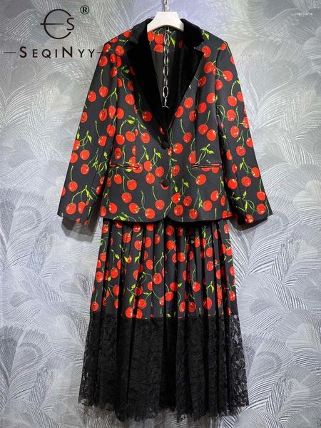 Vestidos de trabalho seqinyy terno elegante primavera outono design de moda feminina blazer emendado renda saia plissada vermelho cereja impressão vintage