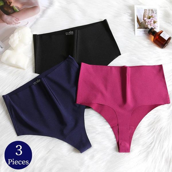 Kadın Panties Giczi 3pcs Set Yüksek Bel Dikişsiz Tangalar Kadın Seksi iç çamaşırı ipek saten iç çamaşırı artı G-telleri