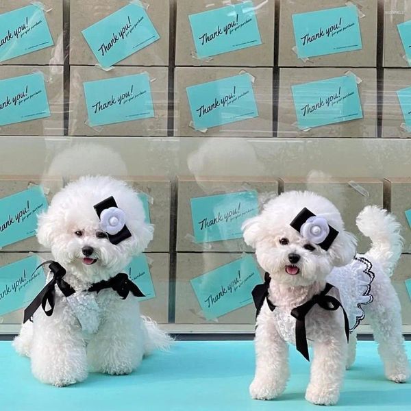 Cão vestuário floral algodão roupas xadrez roupas empregada saia pet vestidos para cães pequenos yorkie filhote de cachorro com preto bowknot branco fllower