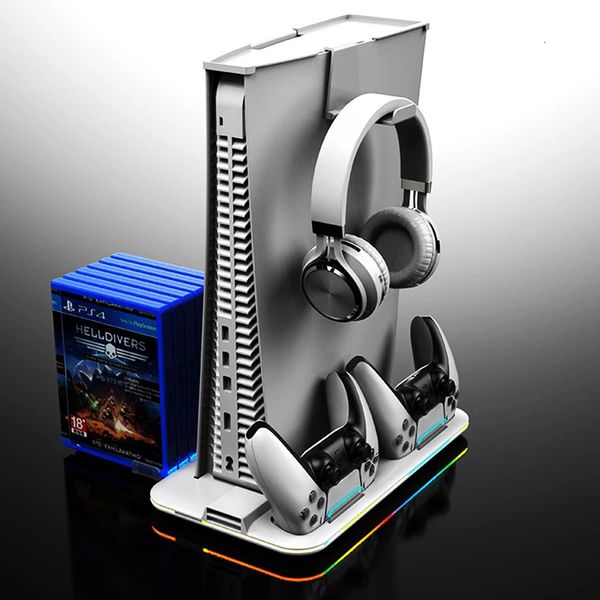 Horizontaler PS5-Ständer mit Lüfter und PS5-Controller-Ladegerät für Playstation 5, PS5-Konsole, Headset-Halter, 3 USB-Hub, RGB-LED, 240327