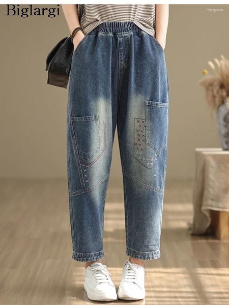 Jeans da donna Pantaloni oversize con ricamo primaverile Pantaloni da donna elasticizzati a vita alta alla moda retrò Pantaloni da donna a pieghe larghi a gamba larga