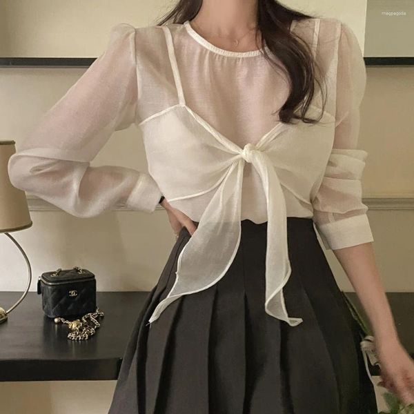 Camicette femminile camicetta donna ufficio da donna in stile corea simpatica manica lunga patchwork solido a cintura otto busas top da donna e