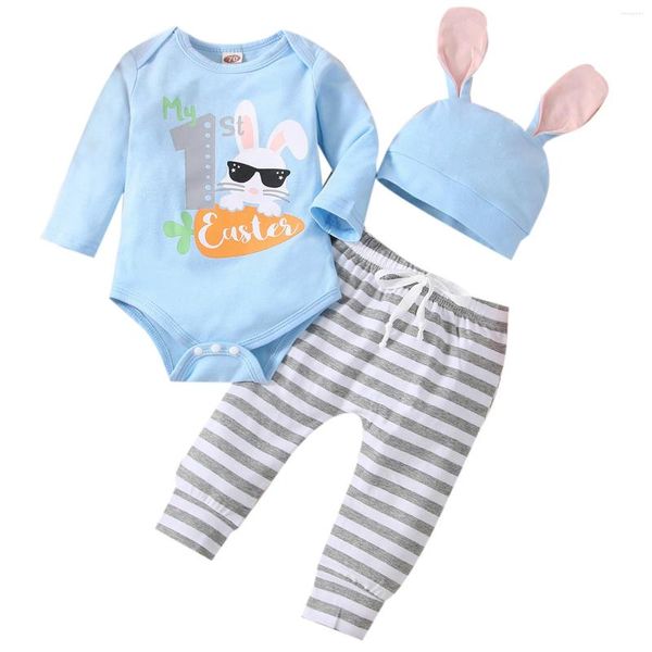 Giyim Setleri Doğdu Bebek Kızlar Paskalya Kıyafetli Kollu Kol Mektubu Karikatür Baskı Bodysuit Pantolonlu Şapka Vaftiz Doğum Günü Yük atanlar
