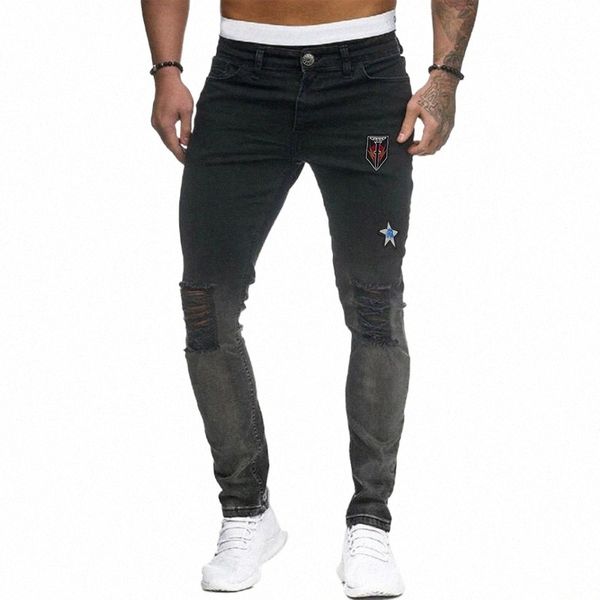 Jeans skinny elasticizzati da uomo 2020 New Fi Slim Fit Pantaloni in denim con foro Pantaloni da motociclista strappati grigio scuro Marca maschile c1Fz #