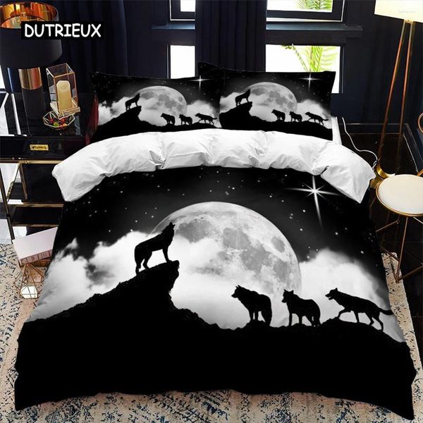 Set di biancheria da letto set di coperture per piumini da silhouette animali che ulula sotto la trapunta a tema luna per bambini gemelli di microfibra per ragazzi