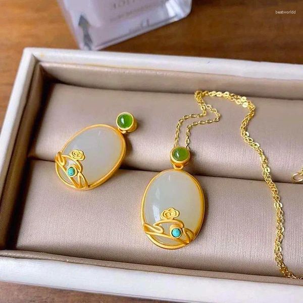 Pingentes inspirados por natural hetian branco jade oval pingente colar estilo chinês único antigo artesanato de ouro charme senhoras jóias