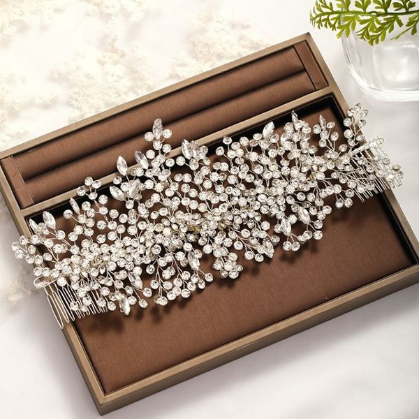 Matrimonio alla moda Tiara Barocco Copricapo di cristallo Colore argento Strass Pettine per capelli Gioielli per capelli da sposa Accessori da sposa W0104284w