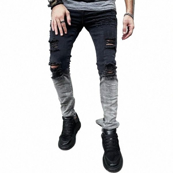 Calça jeans casual masculina, slim com zíper, buraco preto, pintada de branco, estiramento, rasgado, jeans para homens, comprimento total reto, r5ah #