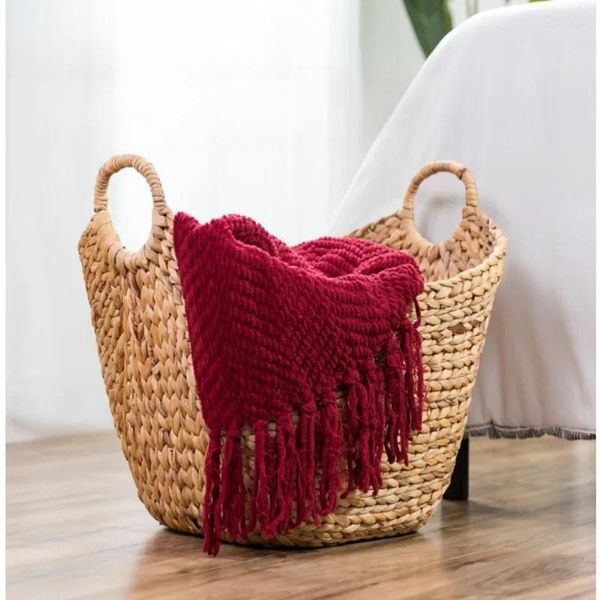 Sacos de lavanderia domésticos grande tamanho cesta natural rattan brinquedo multifuncional cestas de armazenamento conveniente lidar com palha