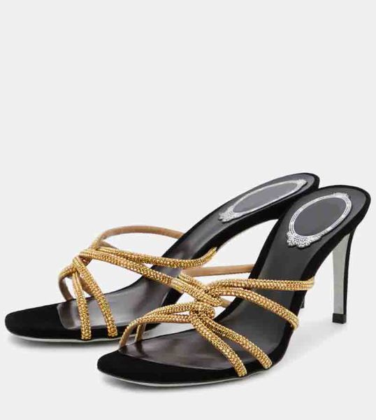 Neue Designer-Schmuck-Sandalen für Damen, Renes, verzierte Pantoletten aus Satin-Wildleder, Sandale, Slide-High-Heel-Kleiderschuh, Splittersohle, Sommer-Walk-Kristalle, Pumps zum Hineinschlüpfen