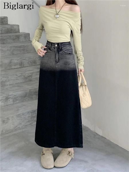 Saias den primavera gradiente impressão longa mulheres split modis cintura alta estilo coreano solto plissado senhoras a-line mulher
