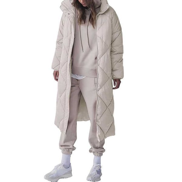 Jaqueta feminina acolchoada acolchoada, casacos longos de inverno com zíper, casaco leve e folgado com capuz preso por zíper
