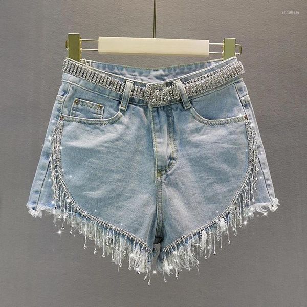 Jeans femininos 2024 verão calças femininas all-match contas água diamante borla larga perna shorts cintura alta casual a-line curto