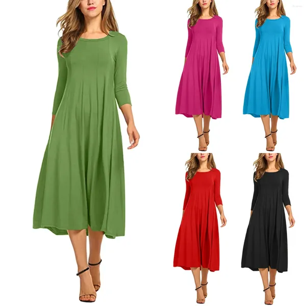 Vestidos casuais outono primavera mulheres senhoras meados de manga longa vestido tripulação pescoço cor sólida grande bainha uma peça terno feminino festa desgaste roupas