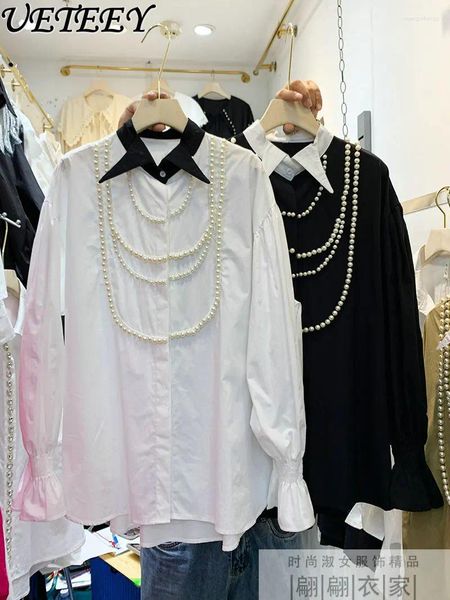 Camicette da donna Collana di perline fatte a mano Camicia a maniche lunghe ampia Camicetta per donna 2024 Primavera Tempo libero Cotone di alta qualità oversize Bianco