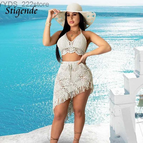 Gonne Skorts Stigende Donna Gonna irregolare in due pezzi Cover Up Summer Beach 2 Set da bagno lavorato a maglia Fasciatura sexy Scava fuori il costume da bagno all'uncinetto yq240328