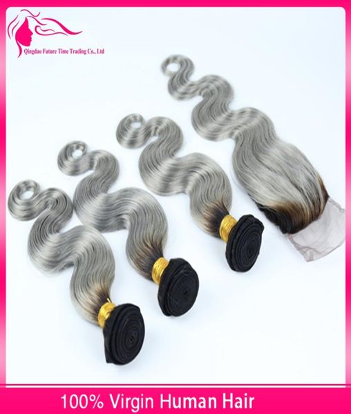 9A 1b Fasci di capelli grigi con chiusura in pizzo 2 toni grigio argento onda del corpo capelli Ombre con chiusura in pizzo centrale tre parti 8329531