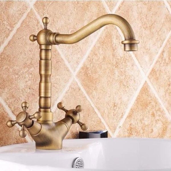 Banyo lavabo muslukları antika pirinç kaplama 360 derece döner havza musluk mikser banyo mutfak musluklar güverte monte çift saplı