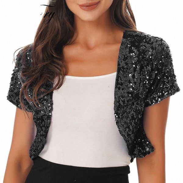 Womens Shiny Pailletten Jasje Wedding Formele Bolero Bolero Vest Uitloper Voor Retro Club Party Dance Wear Stage Performance d0aE #