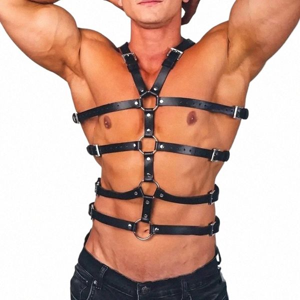 Harn Men Gurt Kostüm sexy Schulter Bdage Brust Dessous Pu Leehter Belt Erotik Hombre Hollow Gay Clothing p9nx#