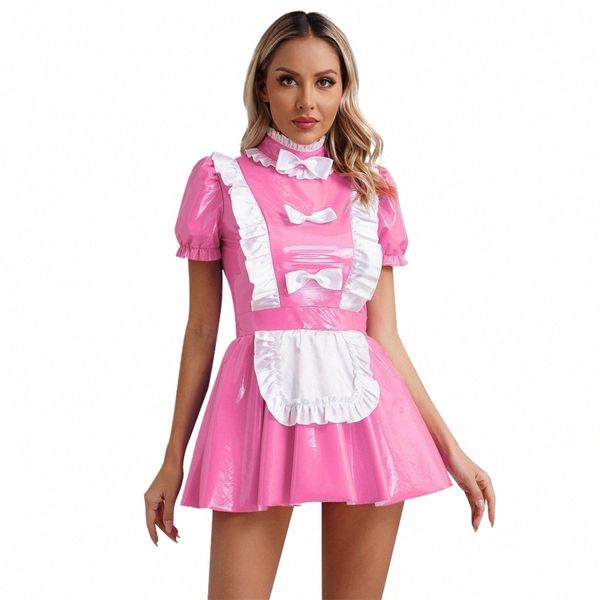 Womens Waitr Costumi sexy Effetto bagnato Babydoll in pelle verniciata Cameriera Dr Francese Servo Halen Carnevale Cosplay Dr Up g9ij #