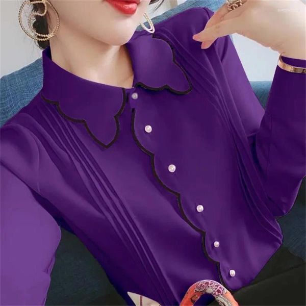 Kadın Bluzları Kadın Bahar Bebek Boyun Şifon Pembe Gömlek Banliyö Moda Nefes Alabilir Şeker Renk Düğmesi Ekleme Tüm Maç Uzun Kol Üstleri