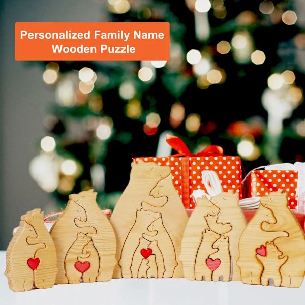 Miniature Nomi personalizzati gratuiti Famiglia di orsi Puzzle Decorazioni per scrivania in legno fai da te Figurine personalizzate Decorazione della casa Regalo di compleanno di Natale