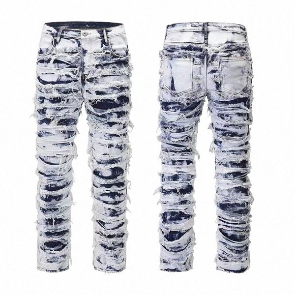 Männer Distred Denim Jeans Streetstyle Vintage Stacked Fit Stilvolle Skinny Fit Flared Ripped Jeans Custom Design k2hx #