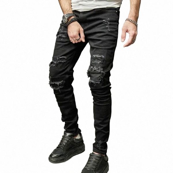 Juventude Fi Preto Patchwork Rasgado Calças Jeans Outono Homens Stretch Skinny Jeans Streetwear Masculino Casual Cott Calças Lápis 791e #