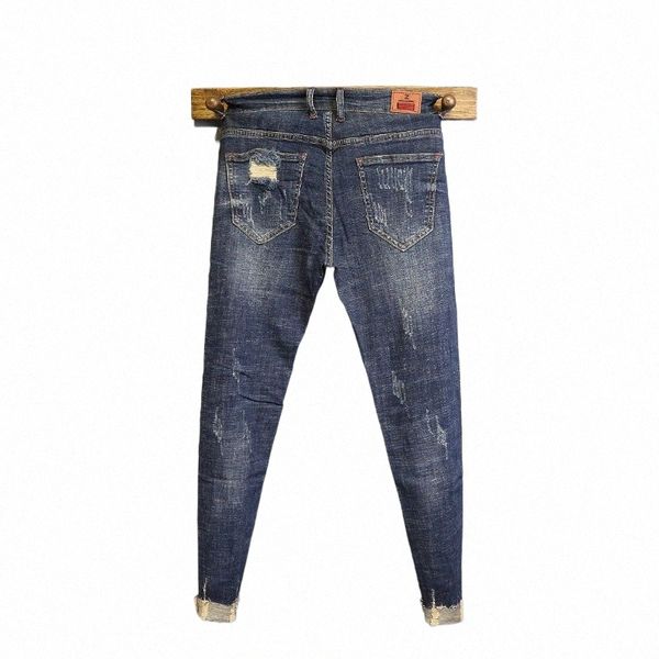 Atacado 2023 Fi No iring cintura baixa asa calças de borda crua calças de pés finos calças masculinas primavera rasgado buracos tornozelo comprimento jeans 82fy #