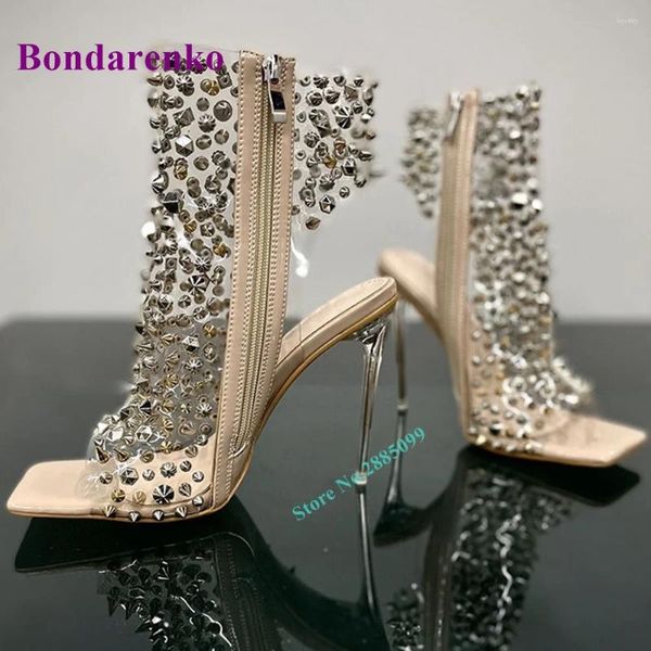 Модельные туфли Сандалии с открытым квадратным носком и заклепками, кристаллами, пикантная женская обувь на тонком высоком каблуке с боковой молнией на щиколотке, летняя вечеринка