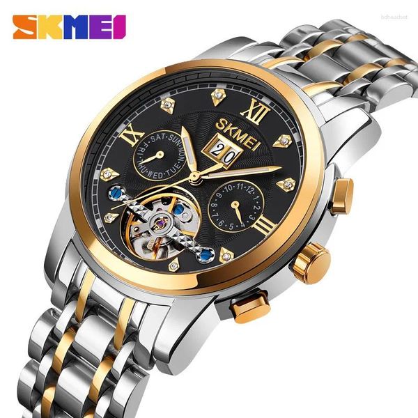 Orologi da polso Skmei Orologio meccanico completamente automatico cavo trasparente da uomo con fibbia pieghevole singola rotonda in acciaio inossidabile casual