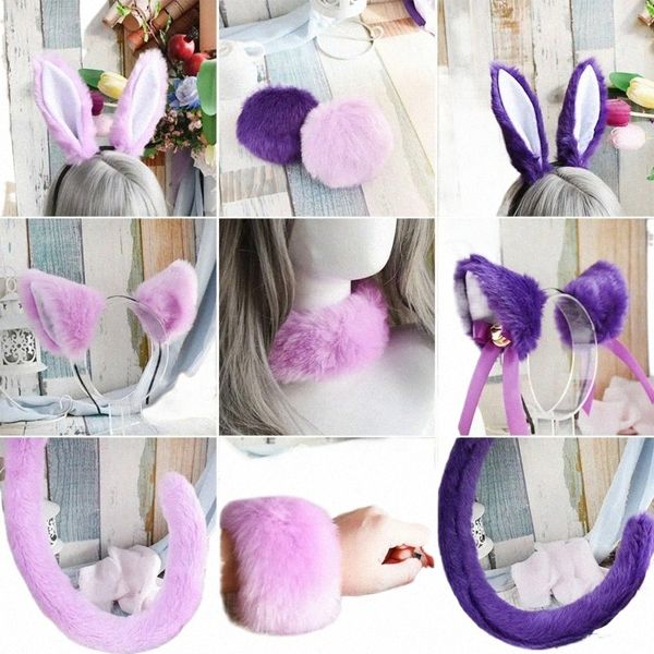 Cos кроличьи уши кошачьи уши заколка для волос повязка на голову фиолетовый головной убор костюм горничной вечерние реквизит для выпускного вечера ремешок на запястье шейный ремешок a845 #