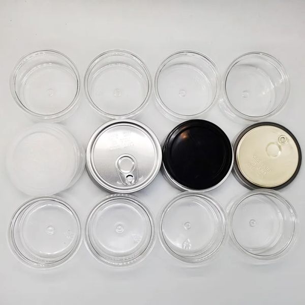 IMBALLAGGIO Alimentare Contenitori in plastica trasparente Barattoli di latta vuoti Coperchi neri Coperchi bianchi ZZ