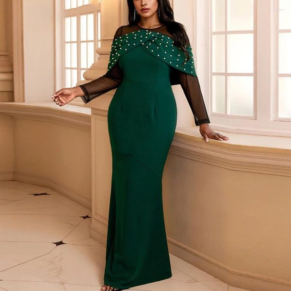 Vestidos casuais sexy verde para mulheres em torno do pescoço frisado transparente manga cheia bainha sereia até o chão elegante vestido de festa de aniversário