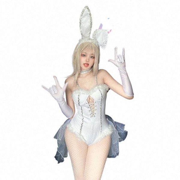 Traje de coelhinho da Páscoa Sexy DJ Maid Bunny Costume Suit Cyberpunk Bodysuit branco para mulheres Maid Halen Cosplay Costumes Mulheres s3AJ #