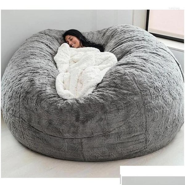 Capas de cadeira Ers Super Grande 7ft Nt Fur Bean Bag Er Sala de estar Mobiliário Grande Rodada Soft Fluffy Faux Beag Lazy Sofá Cama Casaco Drop de D Dh5Vq