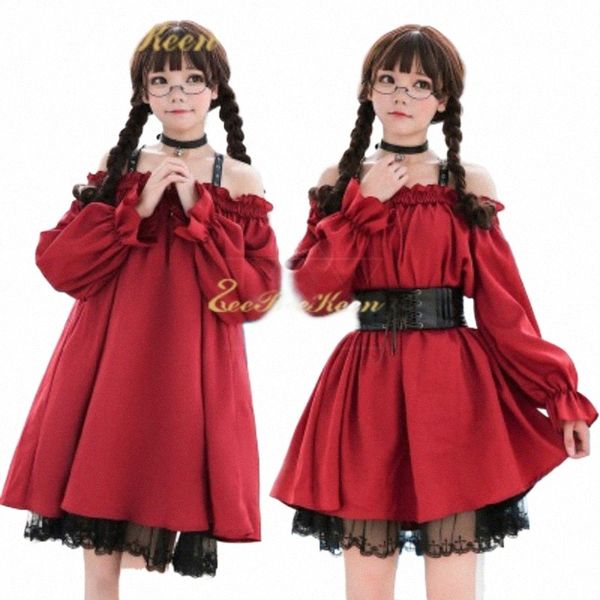 adulto Anime Maid Cosplay femminile Vino dolce rosso Gothic Lolita Dr A off-the-spalla Dr Abiti da festa per ragazze i989 #